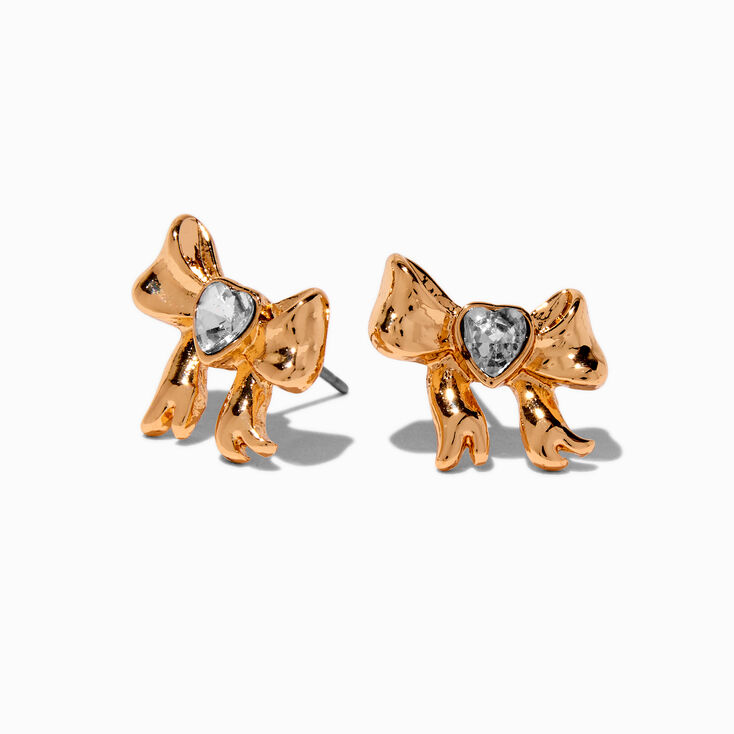 Gold-tone Crystal Heart Bow Stud Earrings,