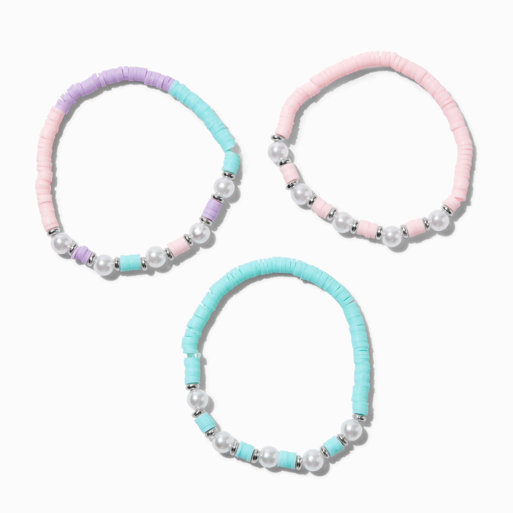 View Claires Club Pearl Pastel Disc Beaded Stretch Bracelets 3 Pack information