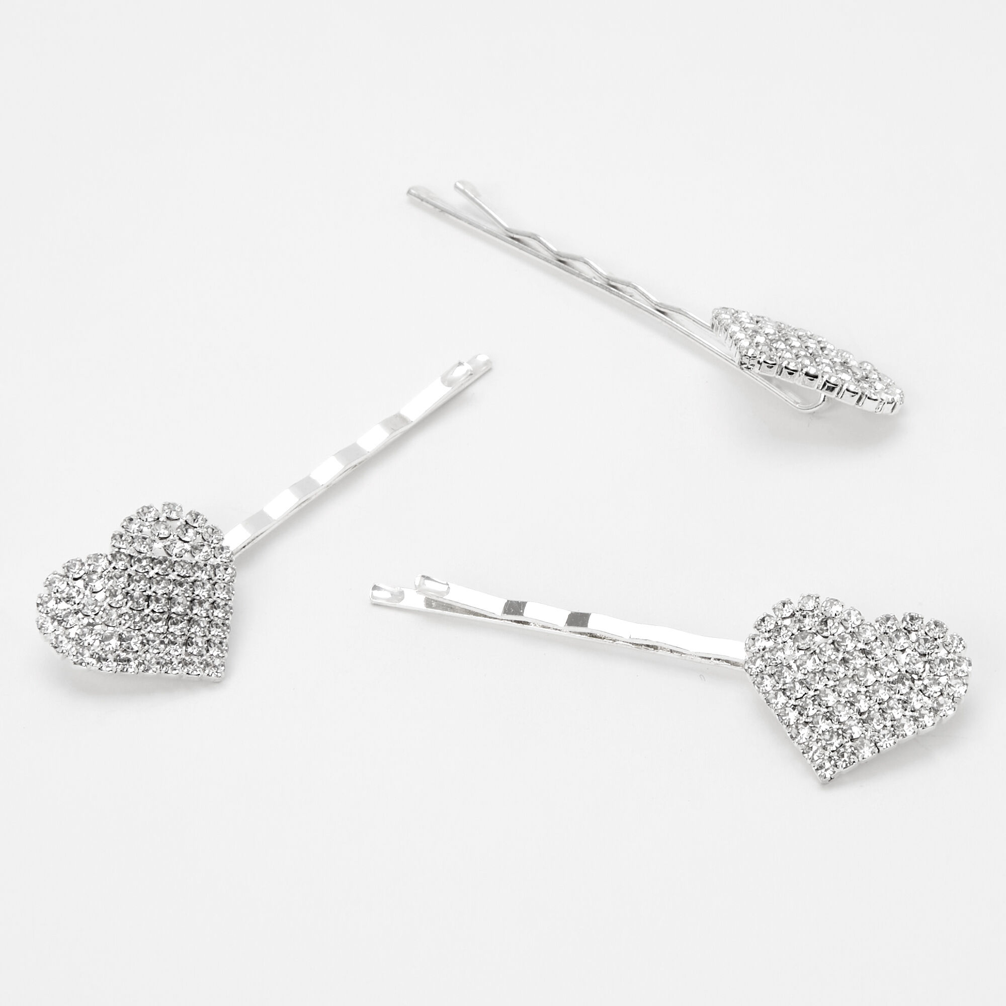 Épingles à cheveux cœur strass couleur argentée - Lot de 3,