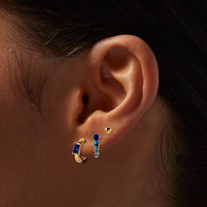 Boucles d&#39;oreilles empilables en zircon cubique bleu couleur dor&eacute;e - Lot de 3,