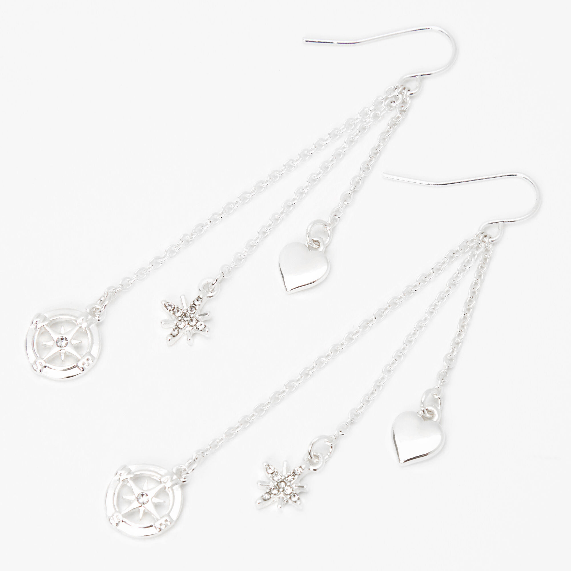 Silver 3" Heart Chain Drop Earrings,