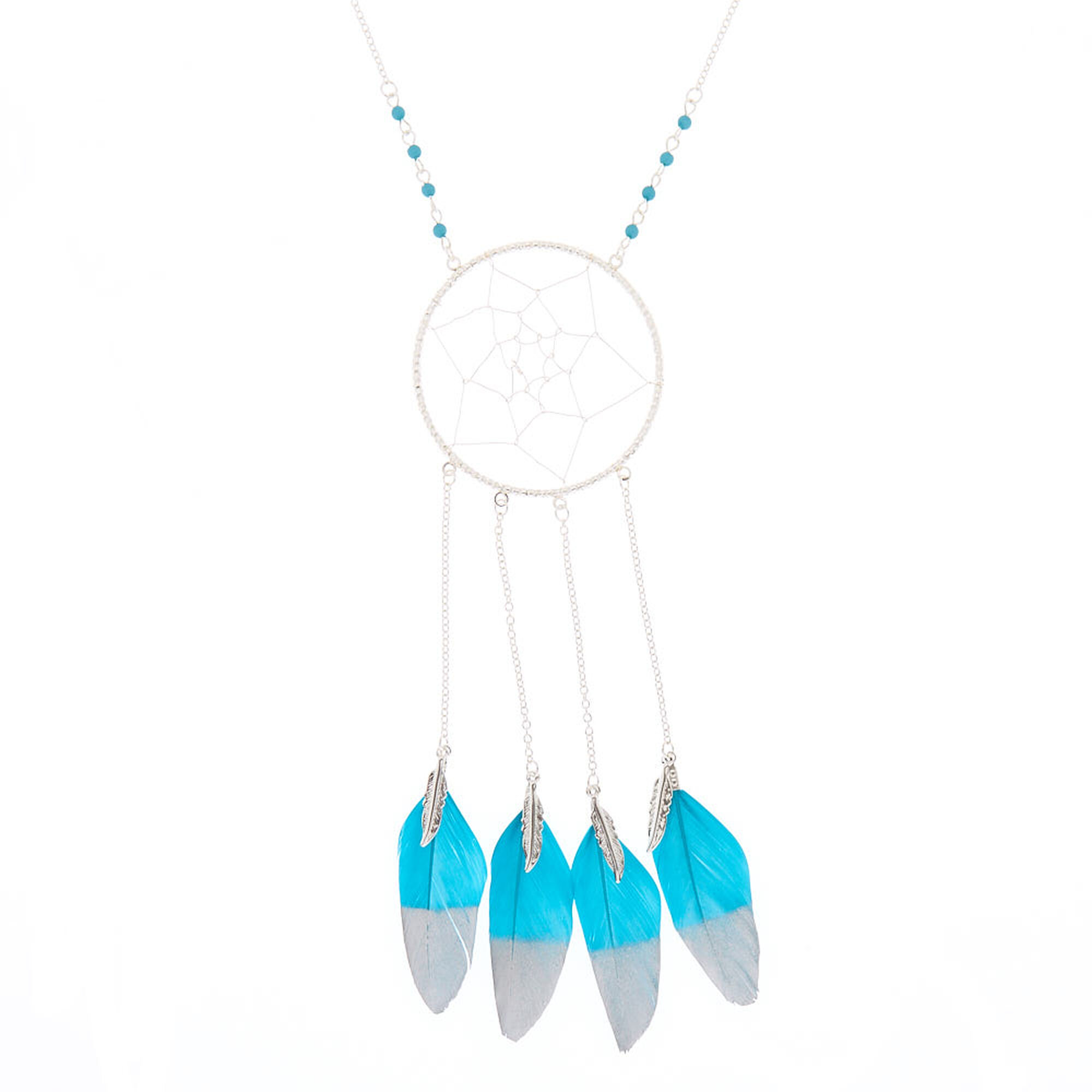 Silver Dreamcatcher Long Pendant Necklace Teal Claire S