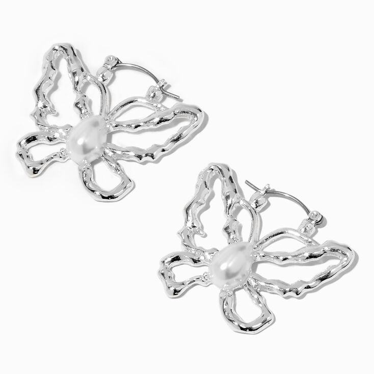 Silver-tone Pearl Butterfly Hoop Earrings ,