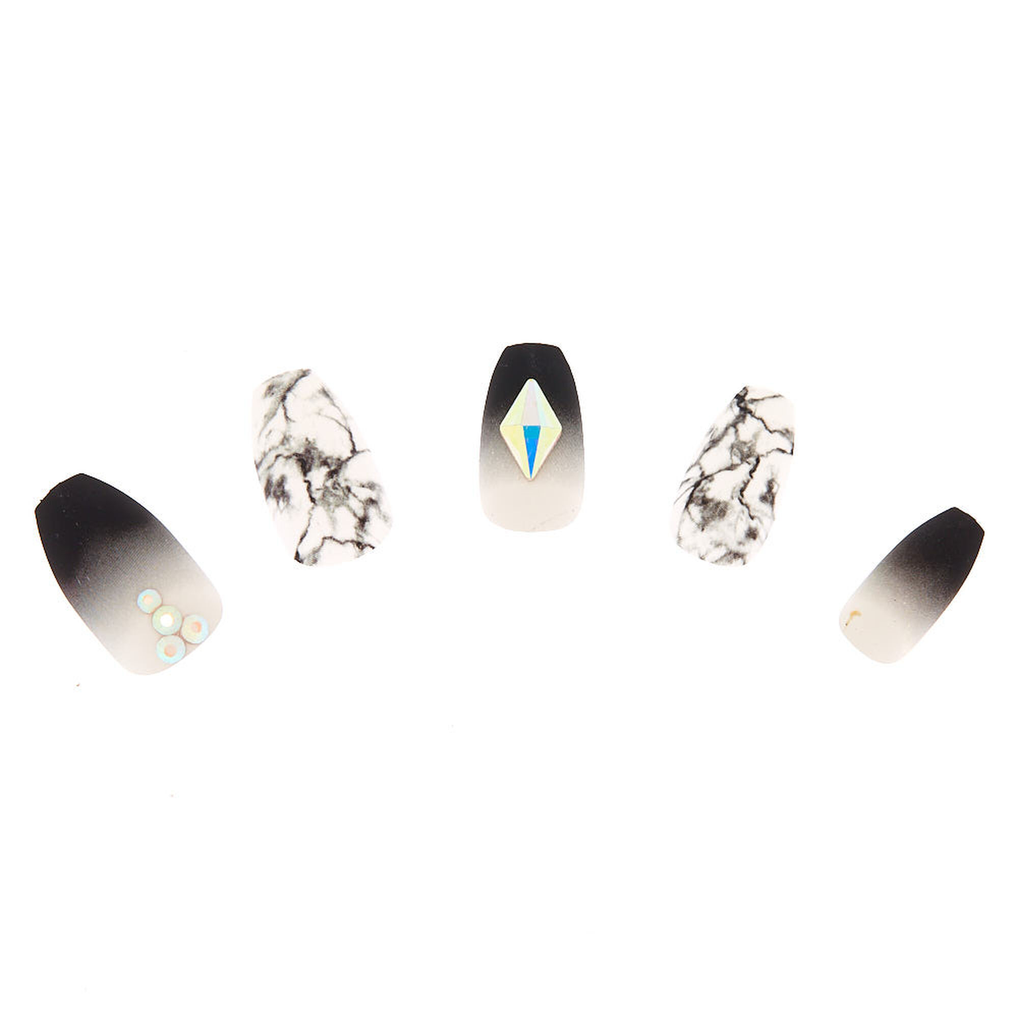 Ombré Marble Bling Coffin Faux Nail Set - Grey, 24 Pack,