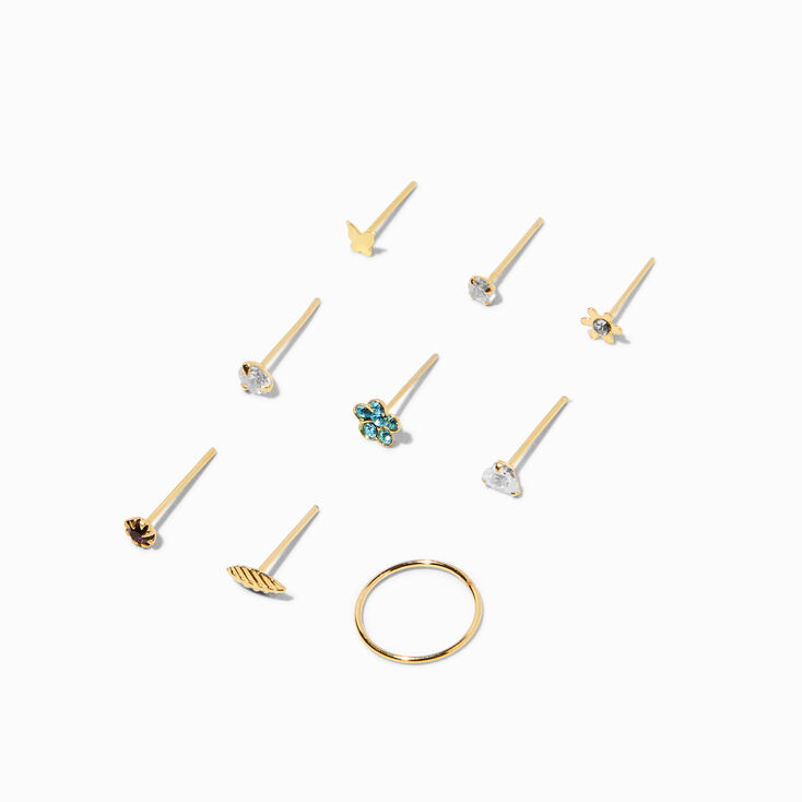 22G Gold-tone Sterling Silver Flower Nose Studs &amp; Hoop - 9 Pack,