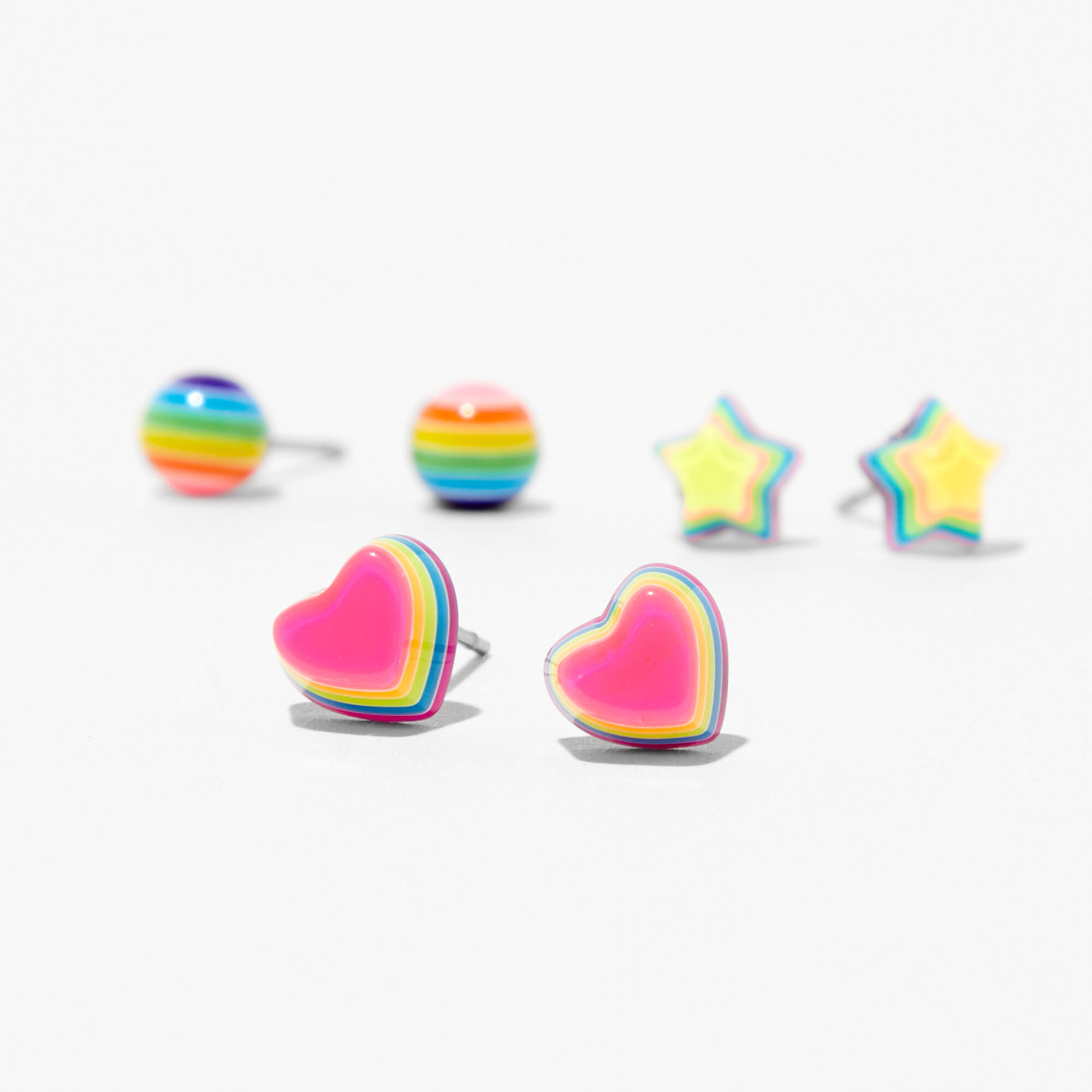 View Claires Rainbow Symbol Stud Earrings 3 Pack Silver information