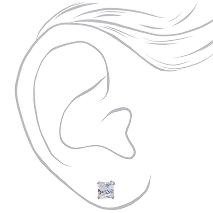 Silver-tone Cubic Zirconia Square Stud Earrings - 6MM,