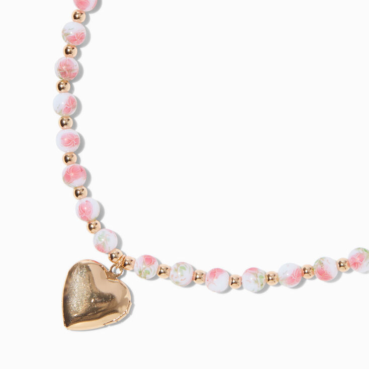 Gold-tone Heart Locket Rose Beaded Necklace,