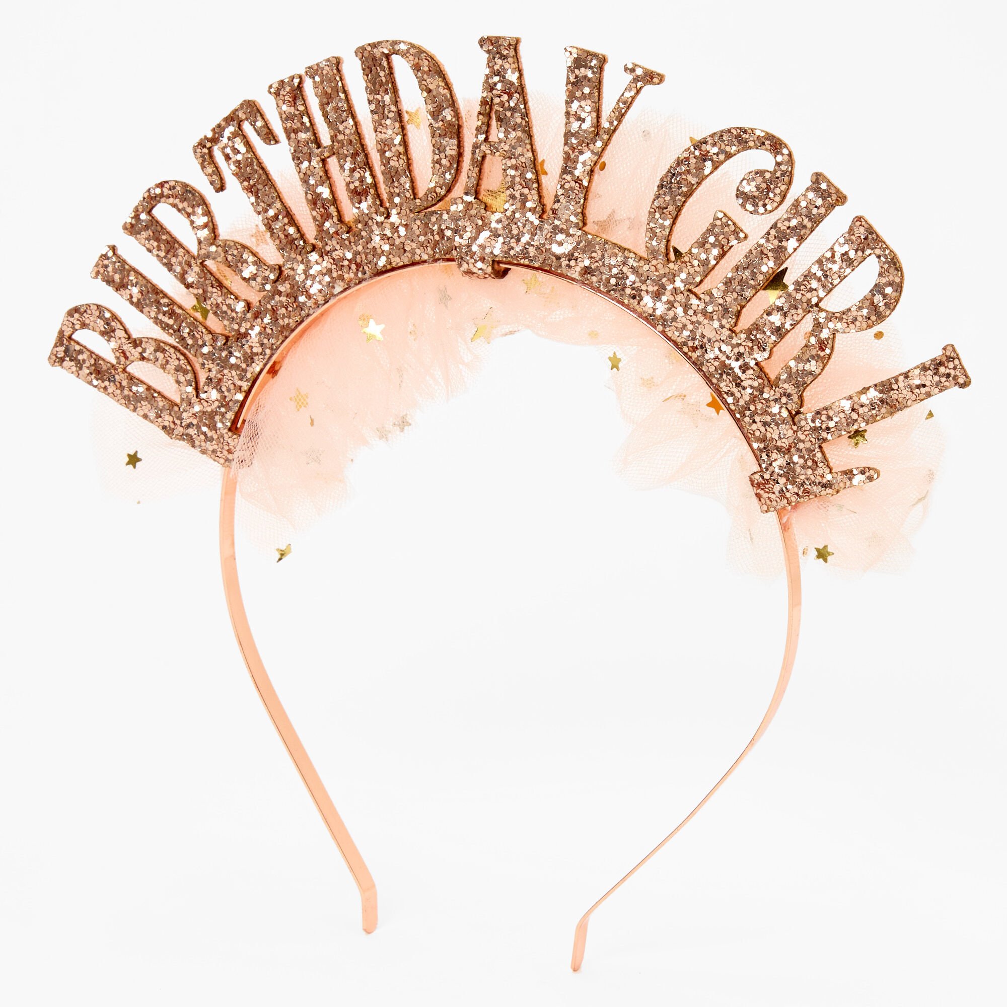 View Claires Rose Birthday Girl Glitter Tulle Headband Gold information