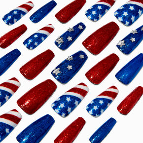 Glitter American Flag Squareletto Press On Faux Nail Set - 24 Pack,