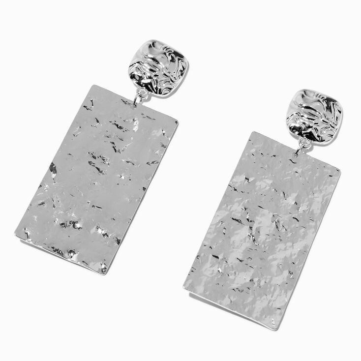 Silver-tone Hammered Rectangular 3&quot; Drop Earrings ,
