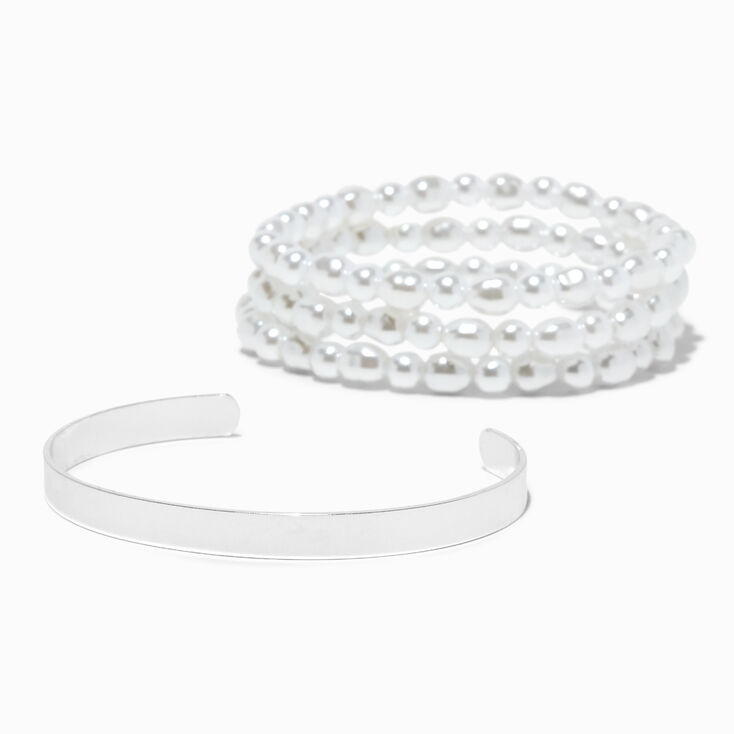 Pearl Stretch &amp; Silver-tone Cuff Bracelet Set - 4 Pack,