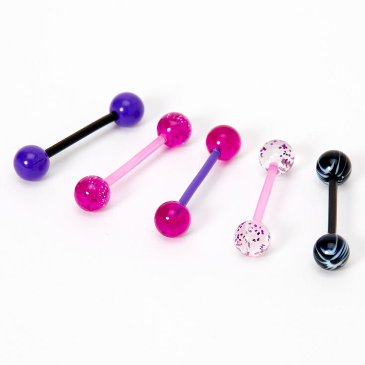 Blue &amp; Purple 14G Barbell Tongue Rings - 5 Pack,