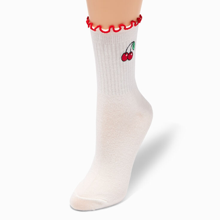 Embroidered Cherries White Crew Socks,