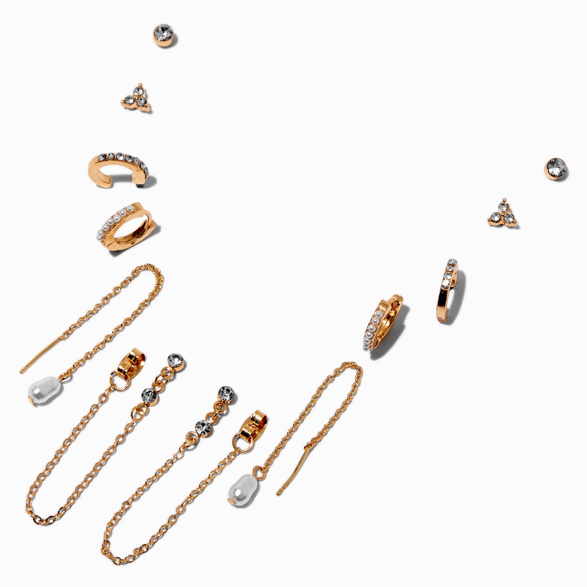 Gold-tone Crystal Pearl Earring Stackables Set - 6 Pack,