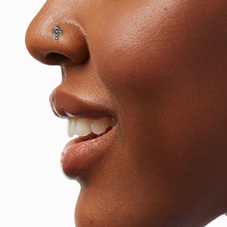 22G Sterling Silver Cross Stud &amp; Hoop Nose Rings - 3 Pack,