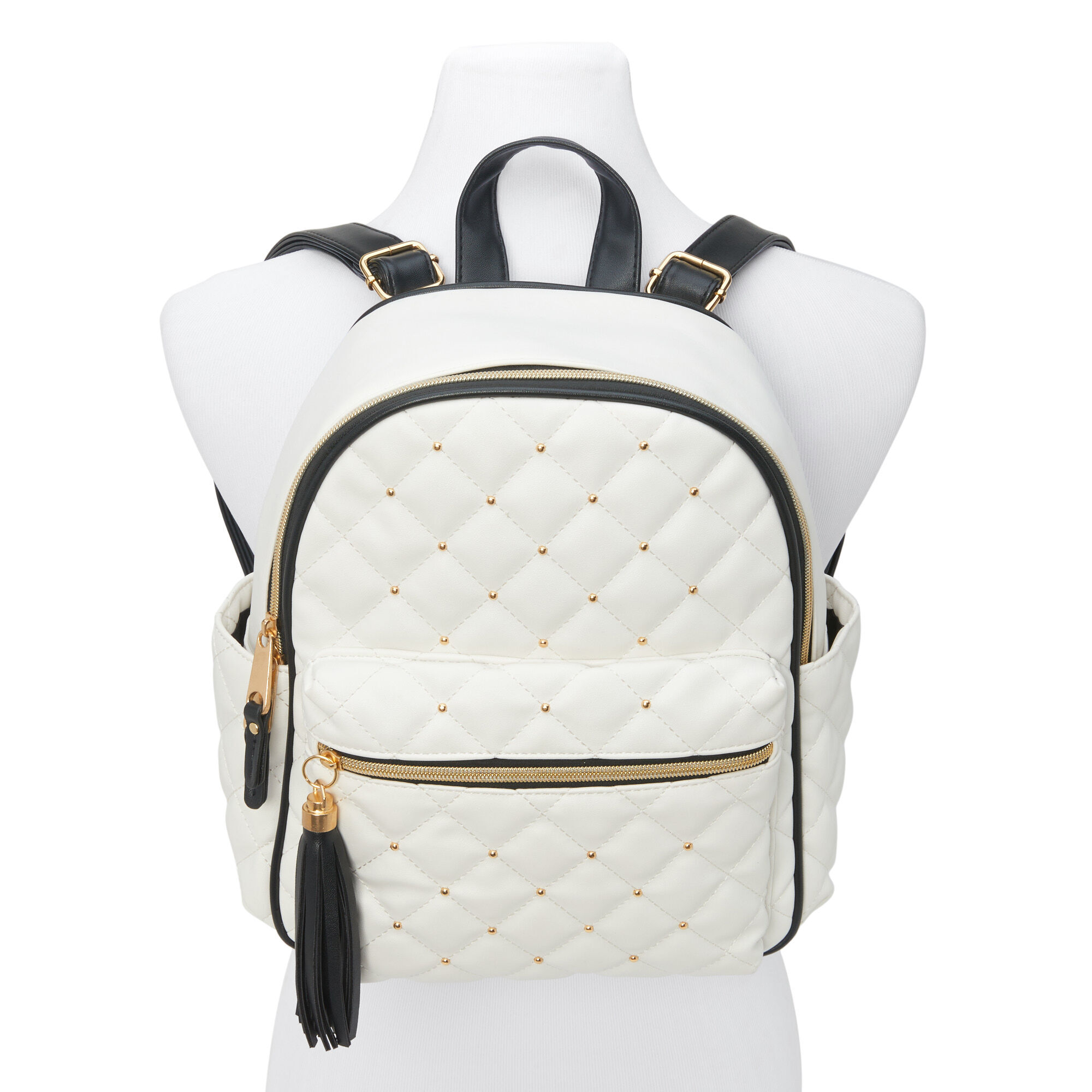 White Quilted Gold Studded Small Backpack
