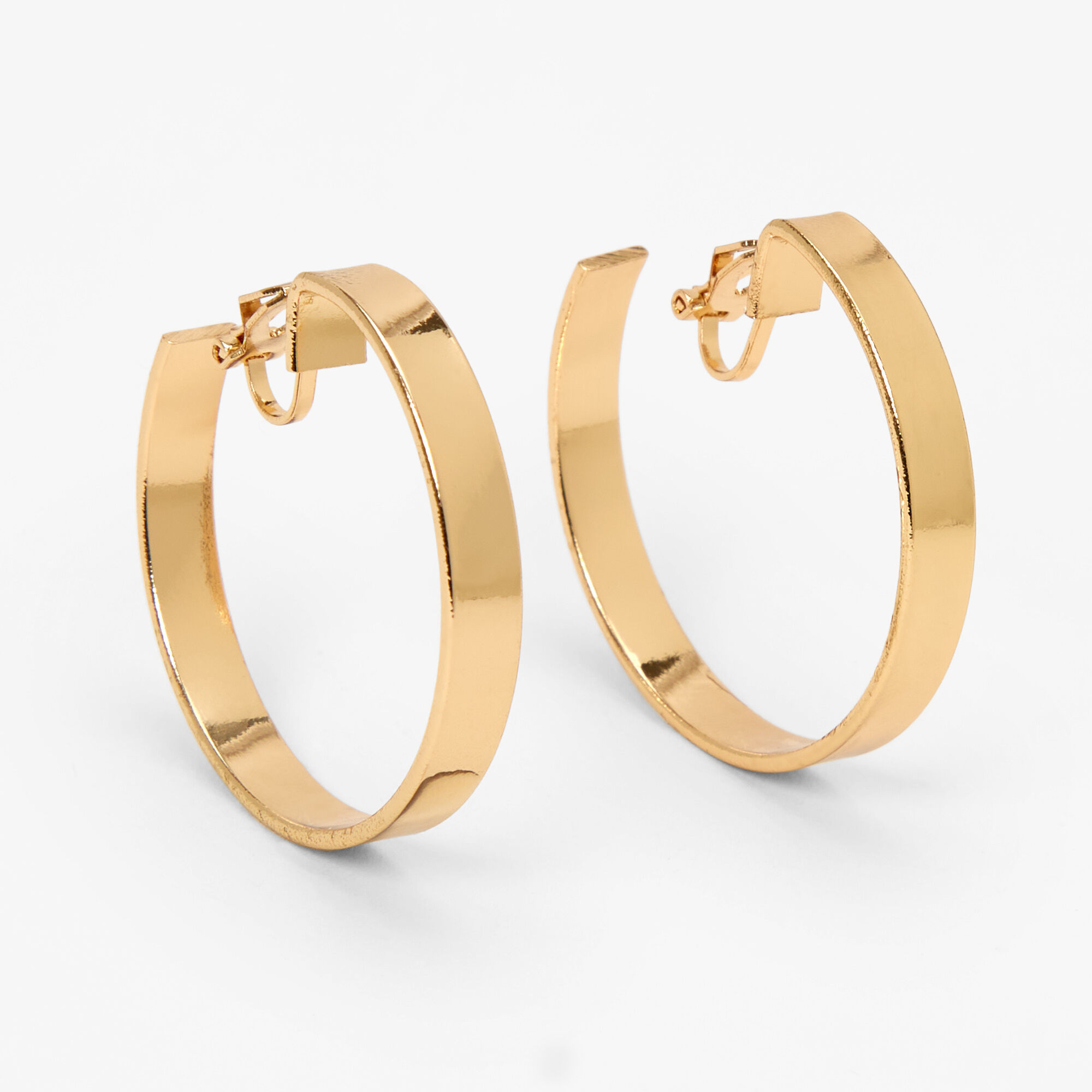 View Claires Tone 40MM Flat Clip On Hoop Earrings Gold information
