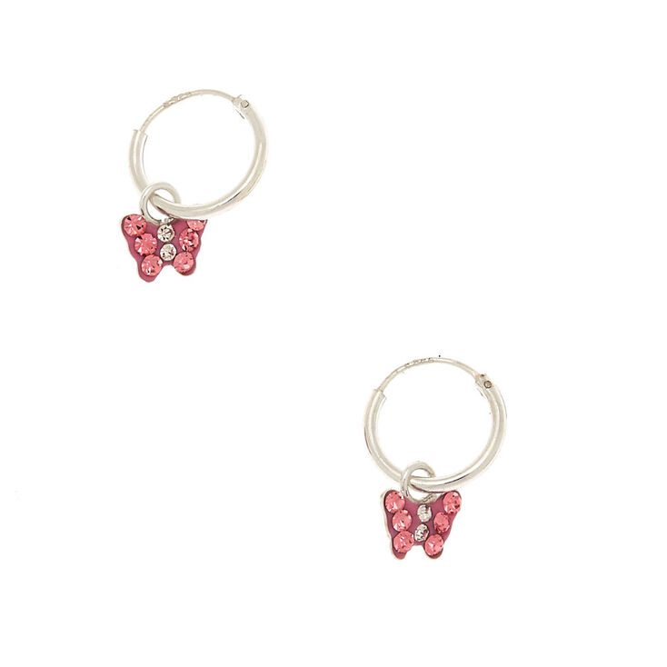 Sterling Silver Butterfly Hoop Earrings - Pink,