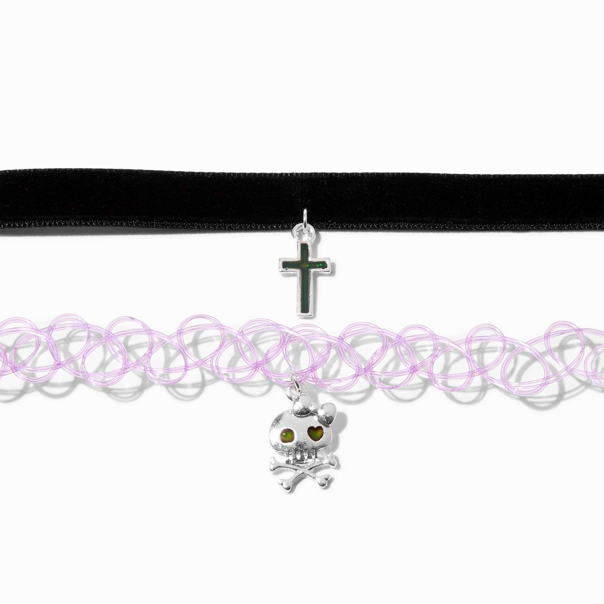 Black Cord Cross & Purple Tattoo Skull Choker Necklaces (2 Pack),