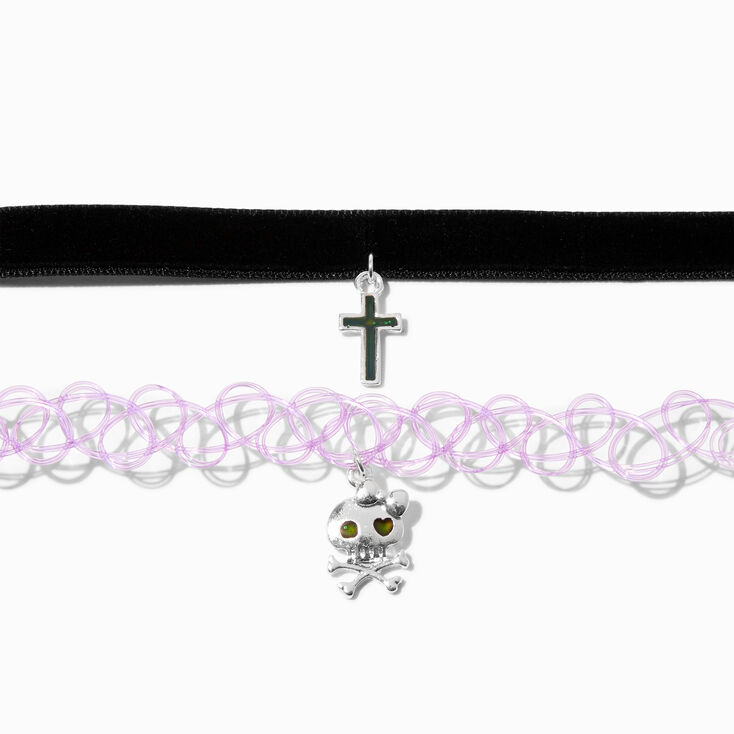 Black Cord Cross &amp; Purple Tattoo Skull Choker Necklaces &#40;2 Pack&#41;,