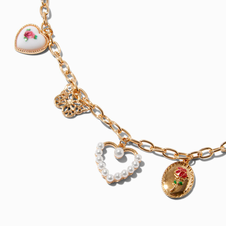 Gold-tone Floral, Heart &amp; Butterfly Charm Necklace,