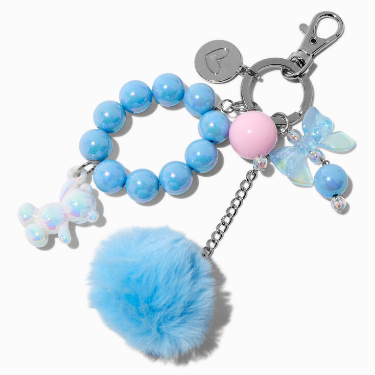 Blue Pom Pom Chrome Teddy Bear Charm Keychain,