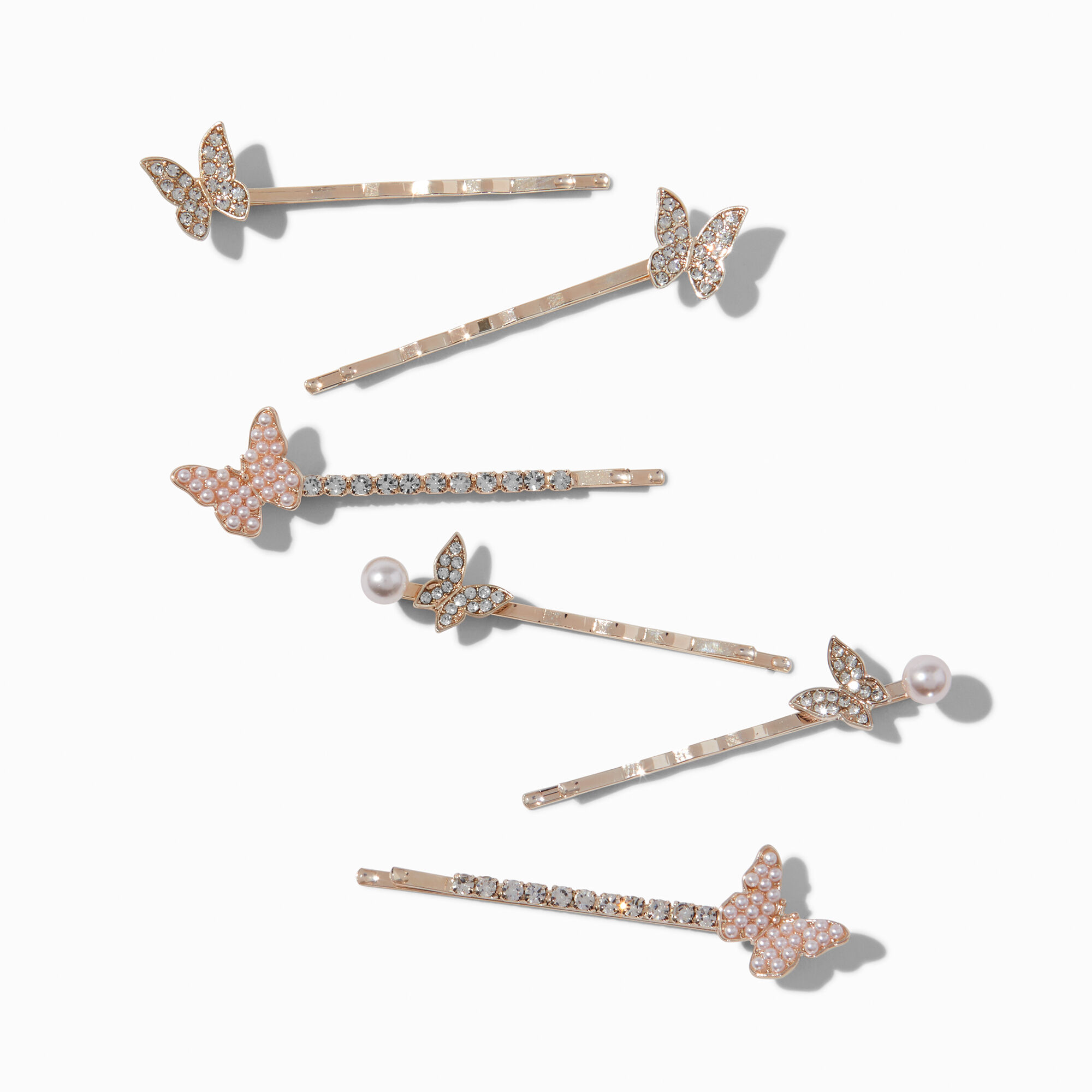 View Claires Tone Butterfly Rhinestone Pearl Hair Pins 6 Pack Rose Gold information