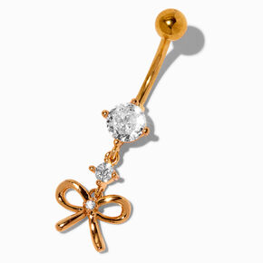 Gold-tone Stainless Steel Cubic Zirconia Bow Charm 14G Belly Bar,
