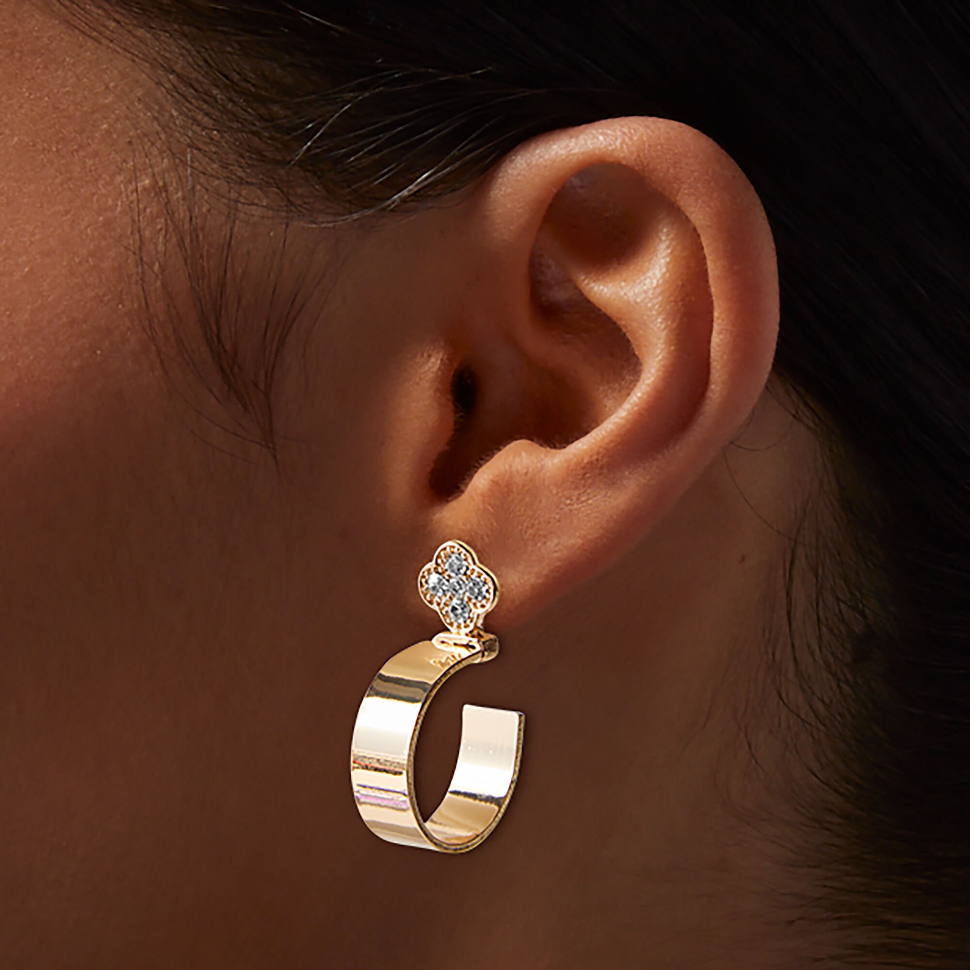 Gold-tone Crystal Clover Hoop Earrings,