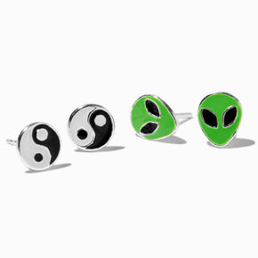 Sterling Silver Yin Yang &amp; Alien Stud Earrings - 2 Pack,