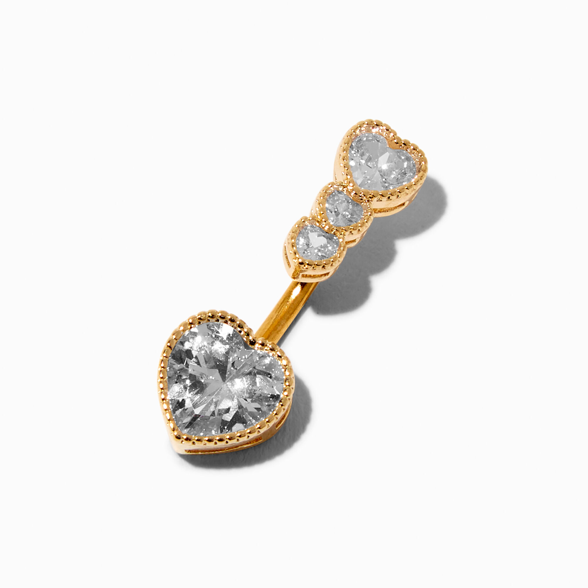 Gold-tone Stainless Steel Cubic Zirconia Heart 14G Belly Bar,