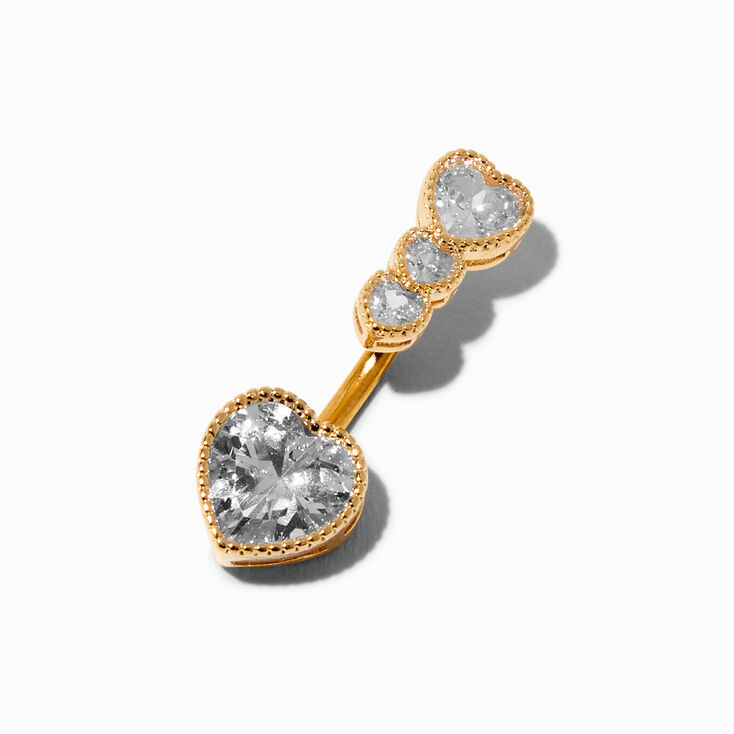 Gold-tone Stainless Steel Cubic Zirconia Heart 14G Belly Bar,