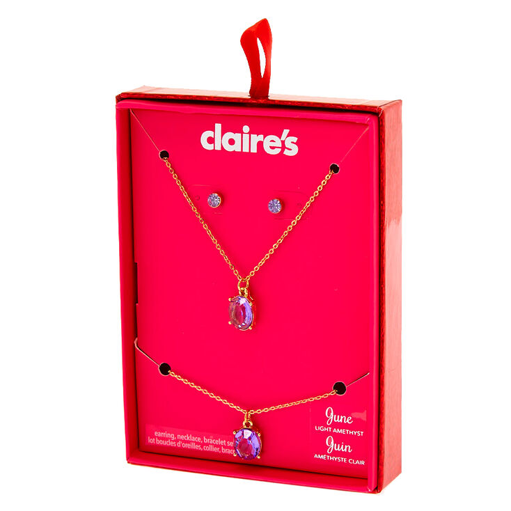 Coffret cadeau parure de bijoux pierre de naissance du mois de juin&nbsp;- Am&eacute;thyste d&rsquo;imitation couleur claire, lot de 3,