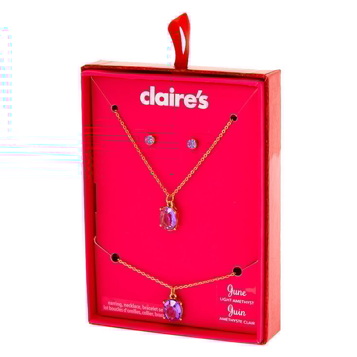Claire's Coffret cadeau parure de bijoux pierre de naissance du mois de juin - Améthyste d’imitation couleur claire, lot de 3