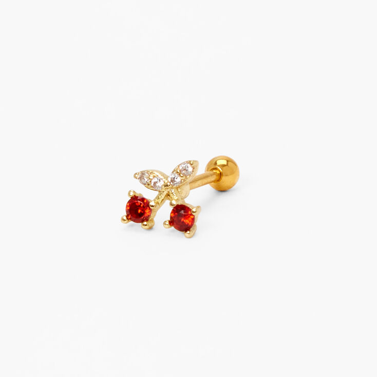 Gold Crystal Cherry Tragus Earring - Red,