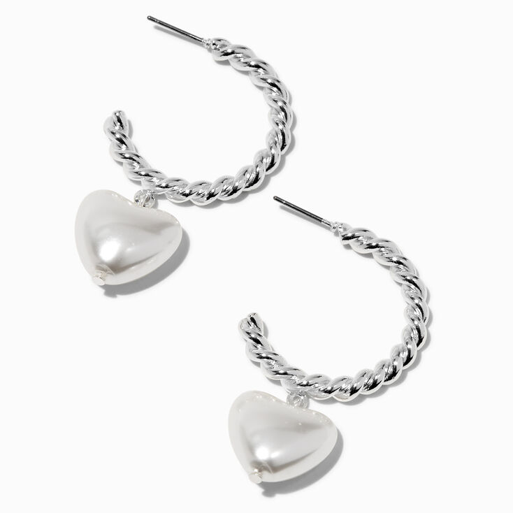 Silver-tone Twisted 30mm Hoops with Pearl Puffy Hearts ,
