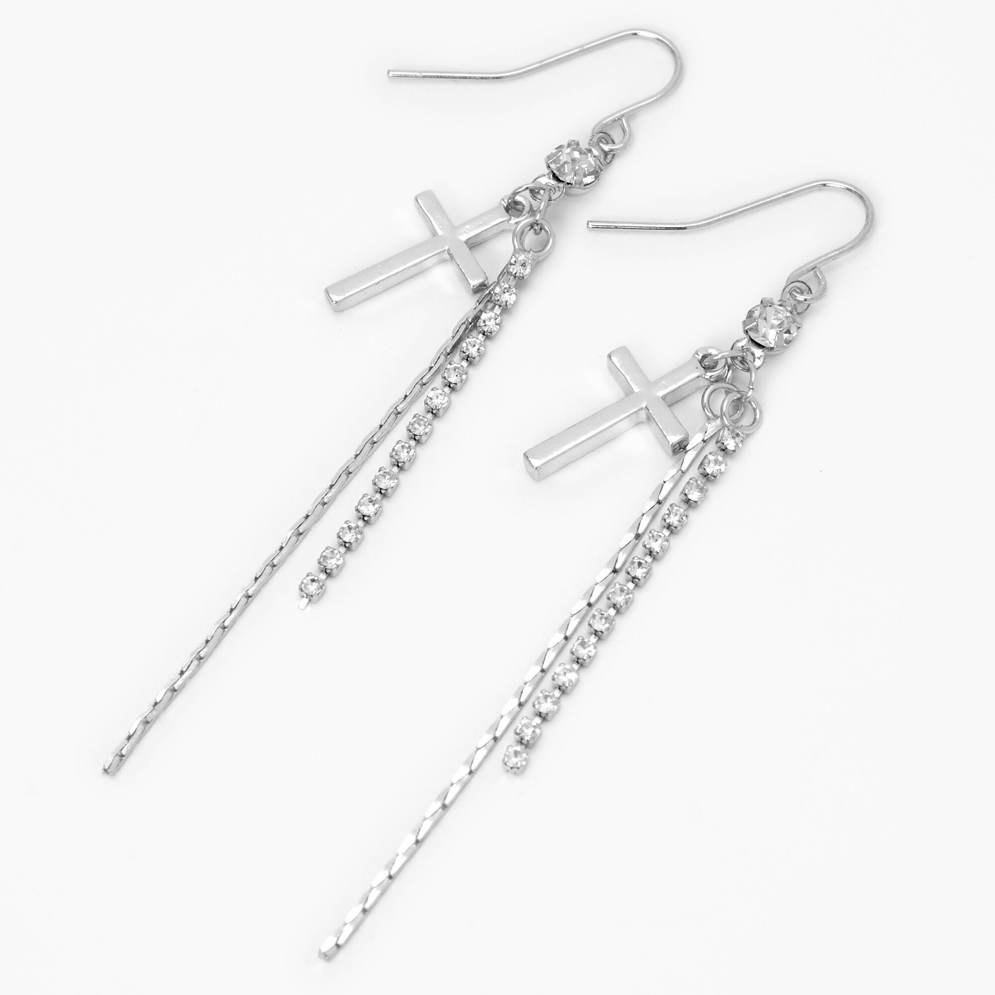 Silver Cross Linear Crystal 3" Drop Earrings,