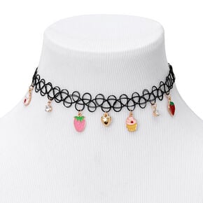Strawberry Charm Tattoo Choker Necklace - Black,