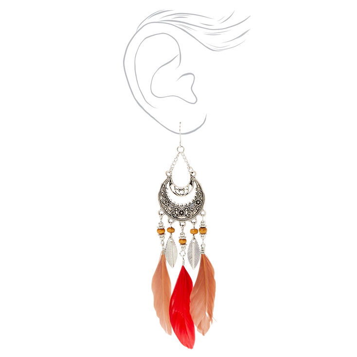 Silver 5&quot; Burnished Medallion Feather Drop Earrings - Red and Brown,