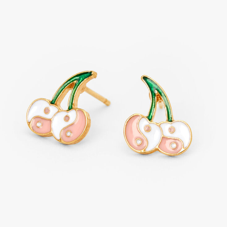 18K Gold Plated Pink Yin Yang Cherry Stud Earrings,