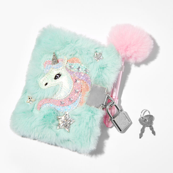 Claire&#39;s Club Mint Unicorn Furry Mini Lock Diary,