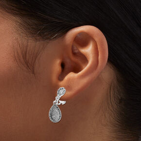 Silver-tone Tiny Glitter Teardrop Clip-on 1&quot; Drop Earrings,