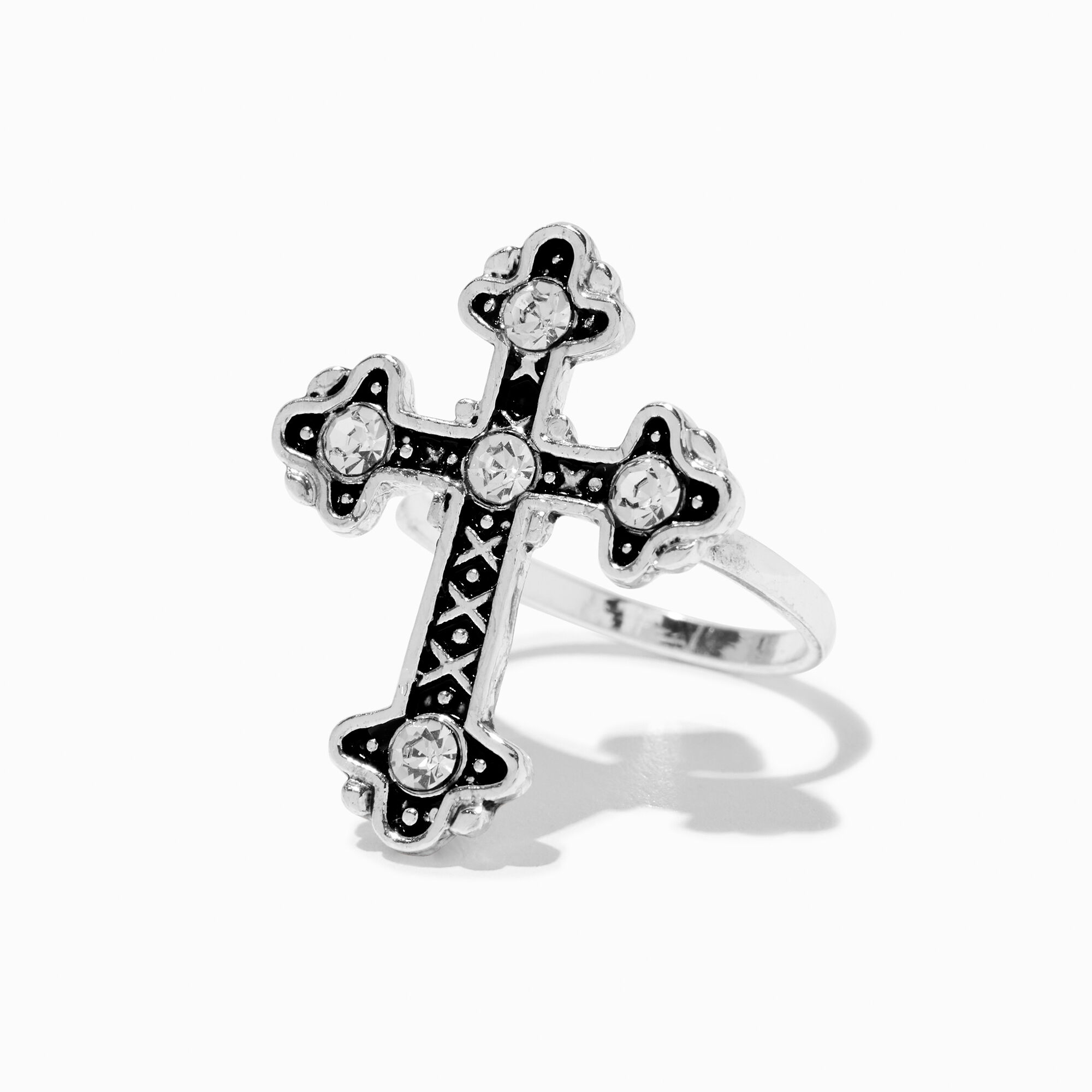 View Claires Tone Cross Statement Ring Silver information
