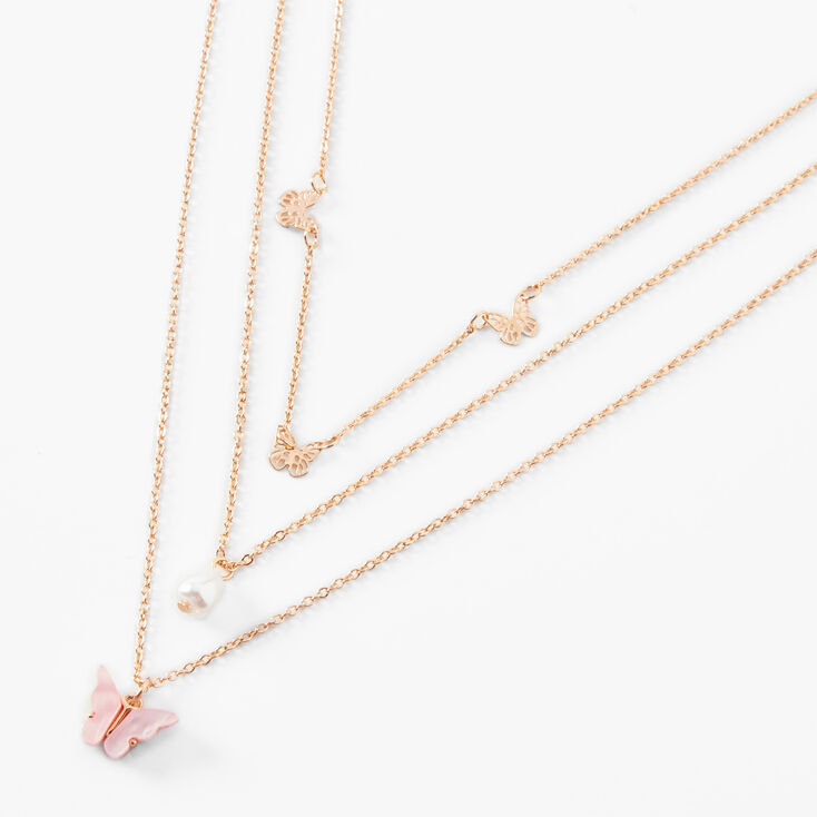 Pink Butterfly Multi Strand Gold Chain Necklace,