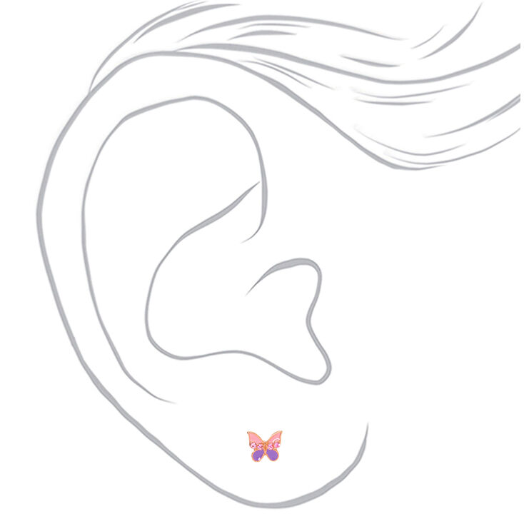 Rose Gold Pink &amp; Purple Butterfly Stud Earrings,