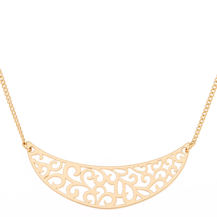 Gold Filigree Half Moon Pendant Necklace,