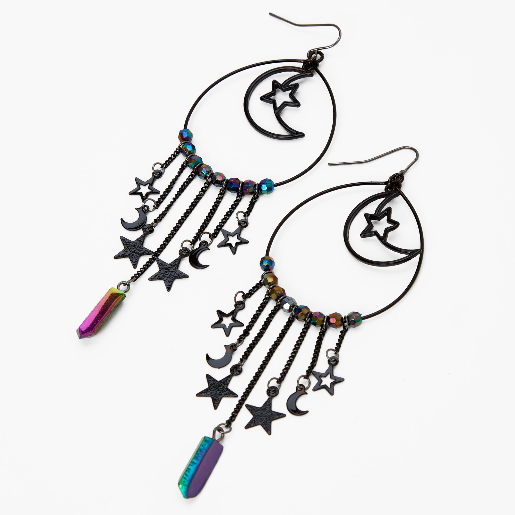 Black 4.5" Celestial Crystal Hoop Drop Earrings,
