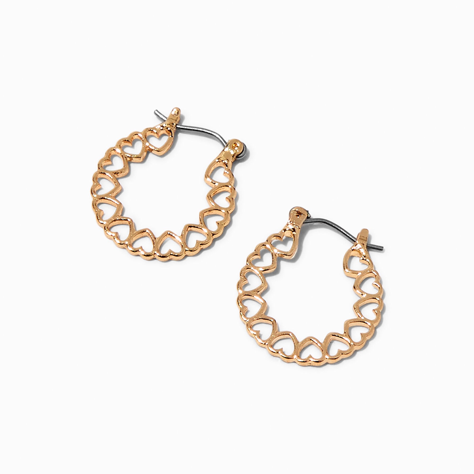 View Claires Tone Heart Print Hoop Earrings Gold information