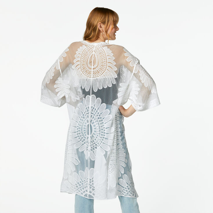 Sheer Floral Crochet Kimono - White,